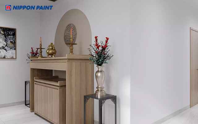 Mẫu 12: Không gian thờ màu ghi xám tinh tế, hài hòa và hiện đại, giữ sự thanh tịnh