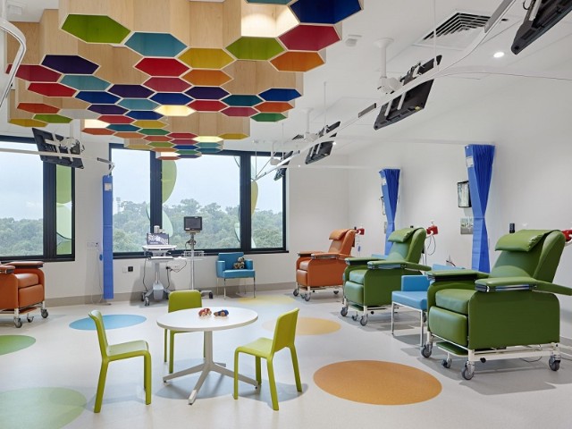 màu sơn tường bệnh viện nhiều sắc màu nổi bật trên nền trắng nhằm thu hút trẻ