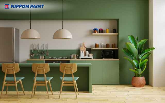 Mẫu 18: Không gian bếp hài hòa với màu xanh lá cây nhạt kết hợp gỗ và vật liệu hiện đại