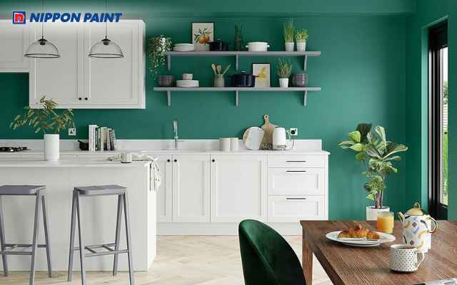 Mẫu 17: Phòng bếp xanh lá nhạt thoáng đãng, sạch sẽ và dễ chịu khi nấu nướng