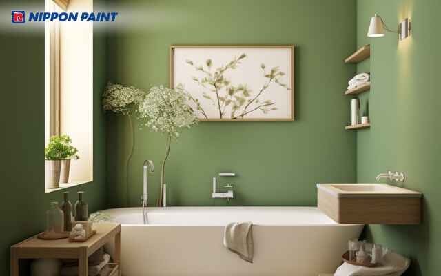 Mẫu 21: Phòng vệ sinh sáng sủa và thư thái với tường xanh lá cây nhạt kết hợp nội thất gỗ tre