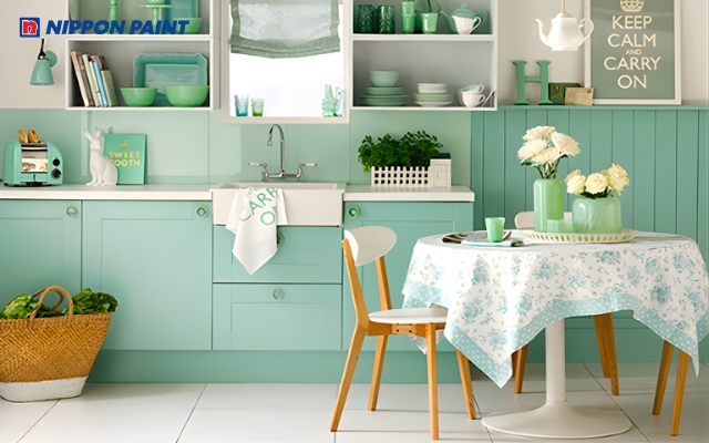 Mẫu 9: Gam màu xanh ngọc nền nã kết hợp với đồ dùng cùng tông (Mã màu Gustav Green NP BGG 1620P)