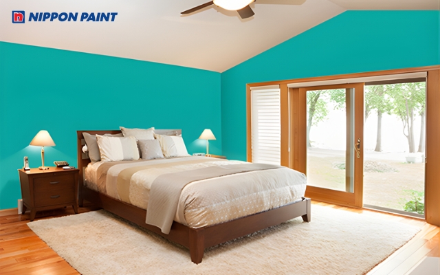 Mẫu 2: Phòng ngủ với màu xanh ngọc tạo cảm giác sảng khoái. (Mã màu Tropic Turquoise 57B-4D của sơn Nippon)