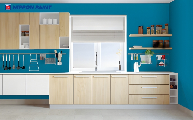 Mẫu 11: Tường màu xanh ngọc với nội thất sáng tạo chiều sâu không gian (Navajo Turquoise NP BGG 1589A)