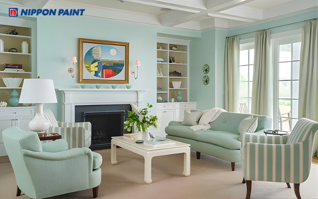 Mẫu 5: Phòng khách tươi sáng, nhẹ nhàng với màu xanh ngọc (Mã màu Emerald City NP BGG 2689P)