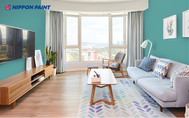 Mẫu 6: Phòng khách hiện đại, trẻ trung với màu xanh ngọc (Mã màu Indian Turquoise 57C-3D)