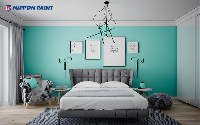 Mẫu 1: Màu sơn xanh ngọc dịu nhẹ giúp giấc ngủ ngon hơn (Mã màu Turquoise Beads NP BGG 1611D của Nippon)