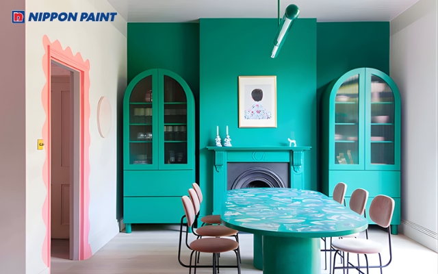 Mẫu 10: Thiết kế phòng bếp sang trọng với màu xanh ngọc (Mã màu Raging Waters NP BGG 1603A của sơn Nippon)