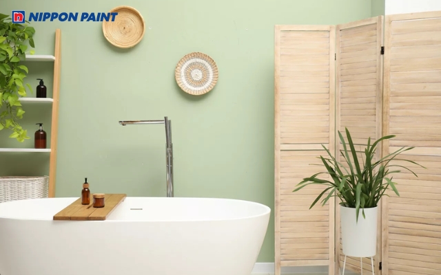 Mẫu 13: Tường màu xanh ngọc trong phòng tắm mang lại cảm giác tươi mát, sảng khoái