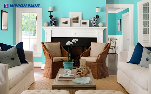 Mẫu 7: Tường xanh ngọc kết hợp với đồ nội thất màu trắng, nâu, xám (Màu Caribbean Coast NP BGG 2697P)