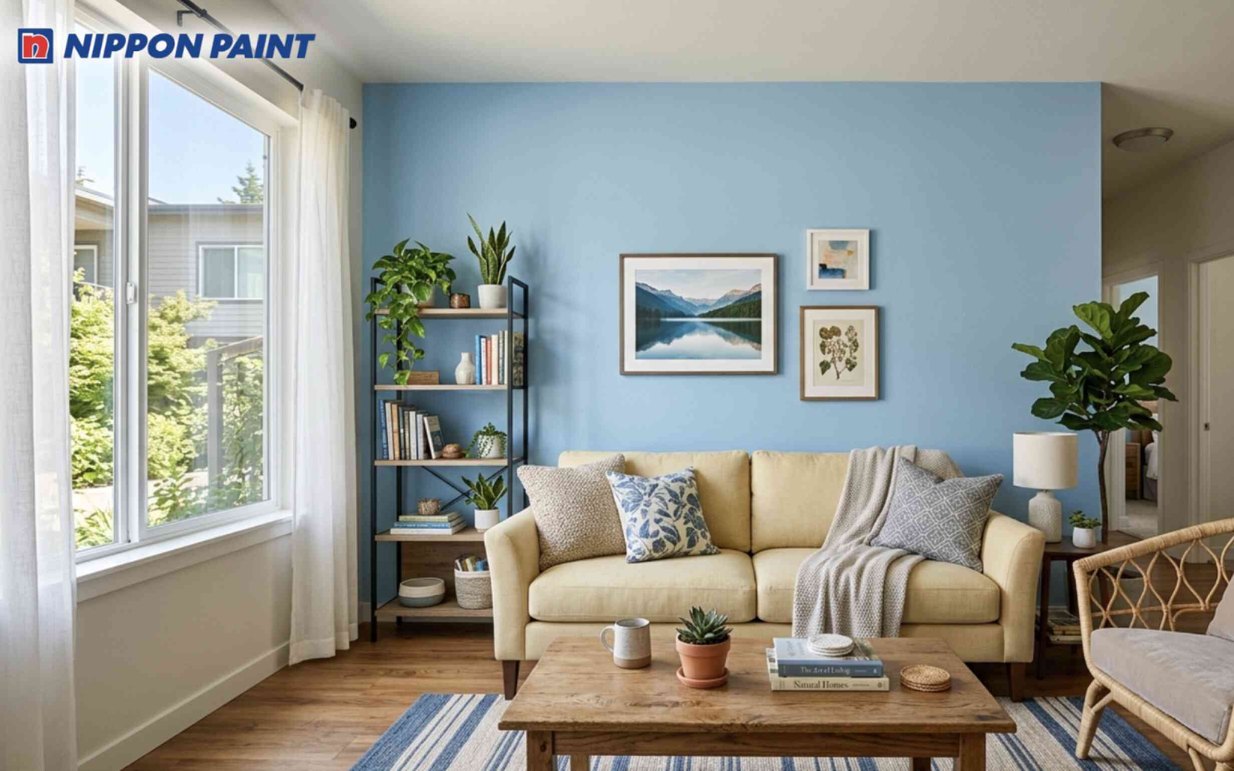 Khu vực sinh hoạt chung phối tường xanh thiên thanh với sofa màu vàng nhạt