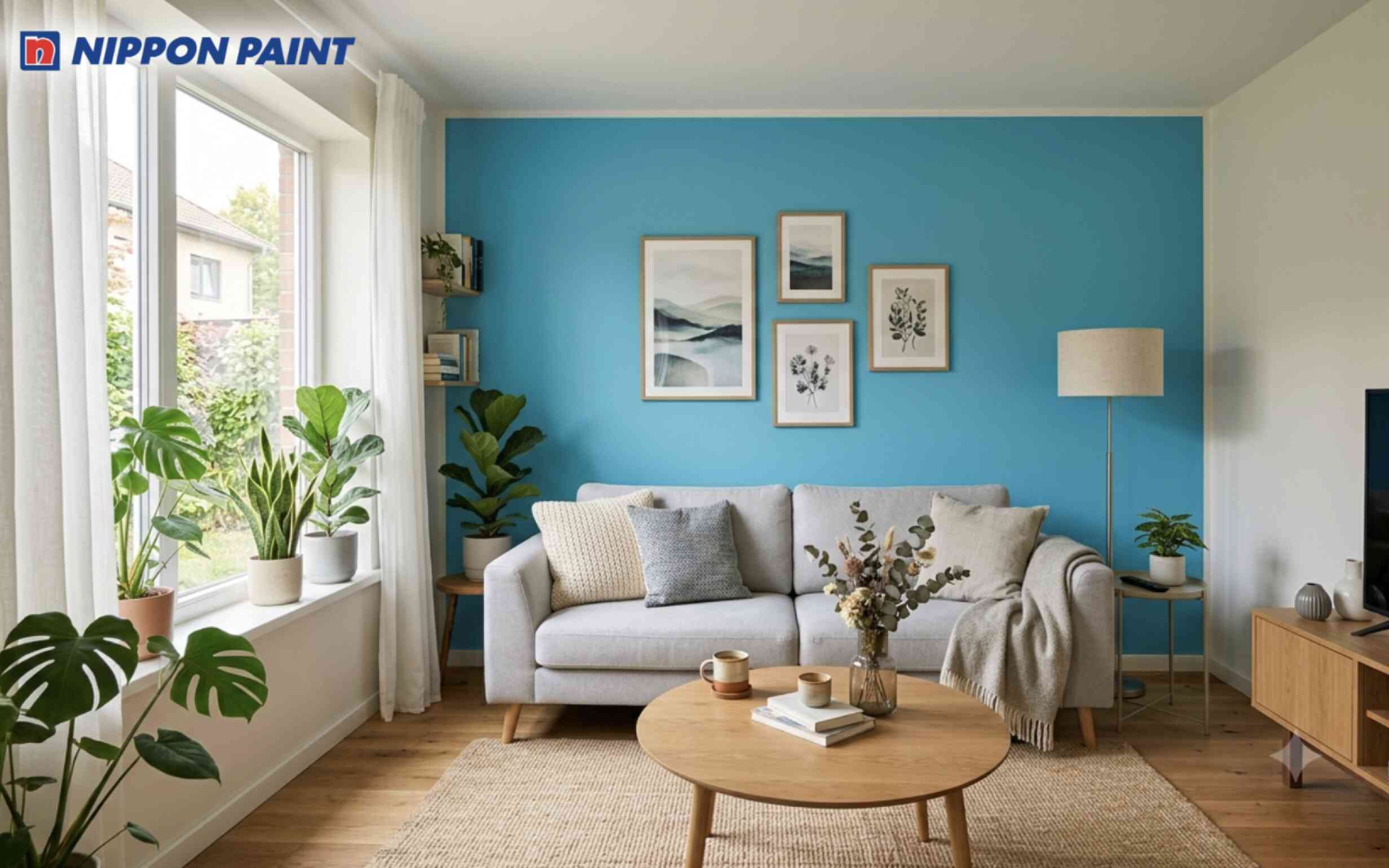 Phòng khách phối tường xanh thiên thanh với sofa màu xám nhạt