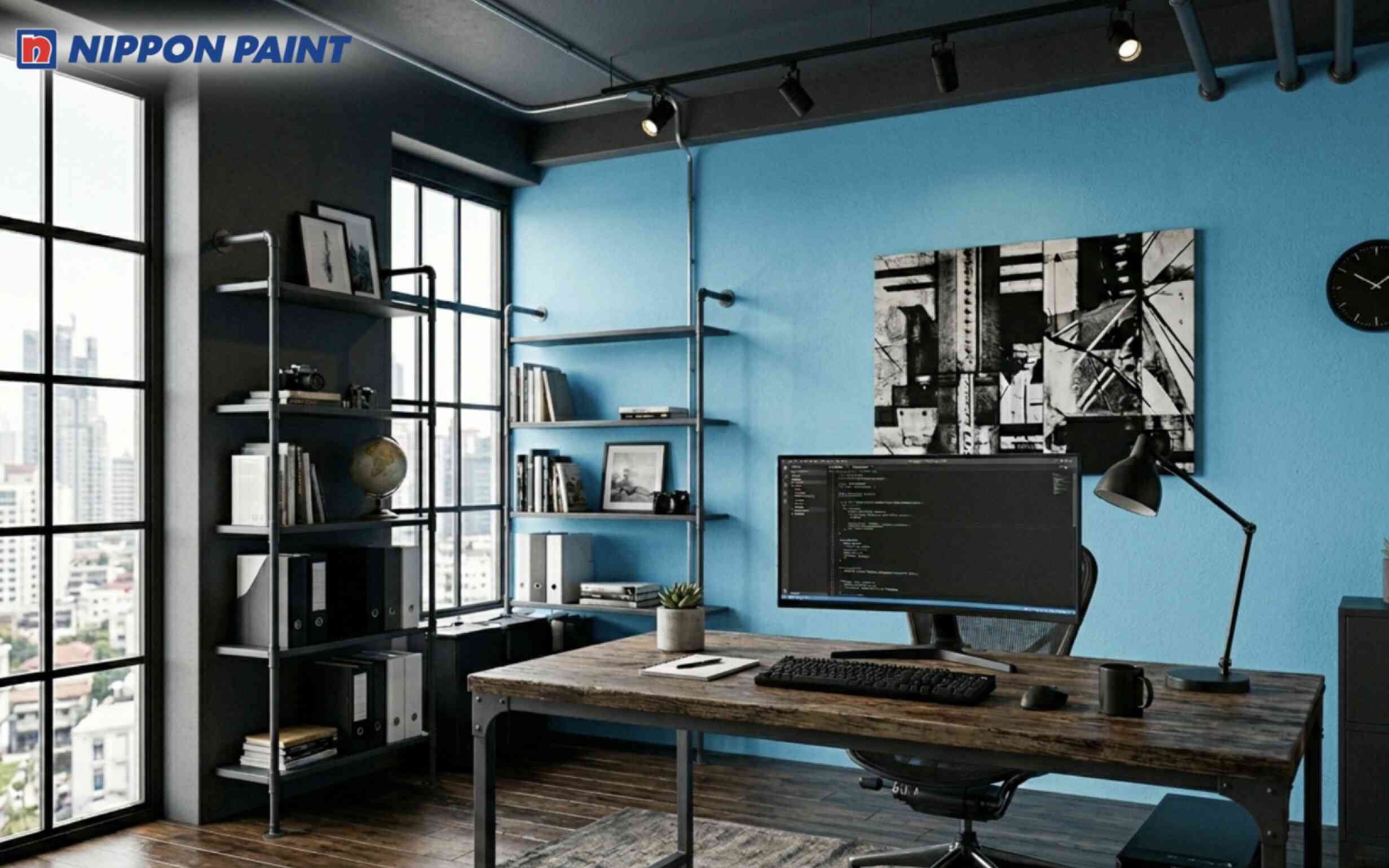 Phòng làm việc Industrial phối tường màu xanh thiên thanh với nội thất màu đen