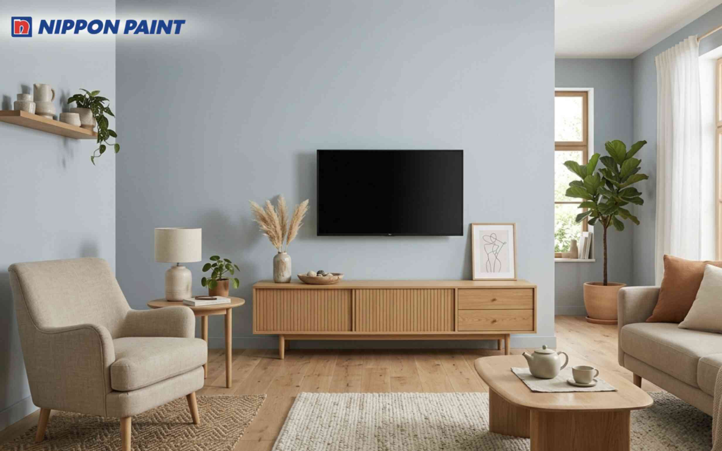 Phòng khách Japandi phối tường xanh thiên thanh với hệ tủ tivi bằng gỗ sồi tự nhiên
