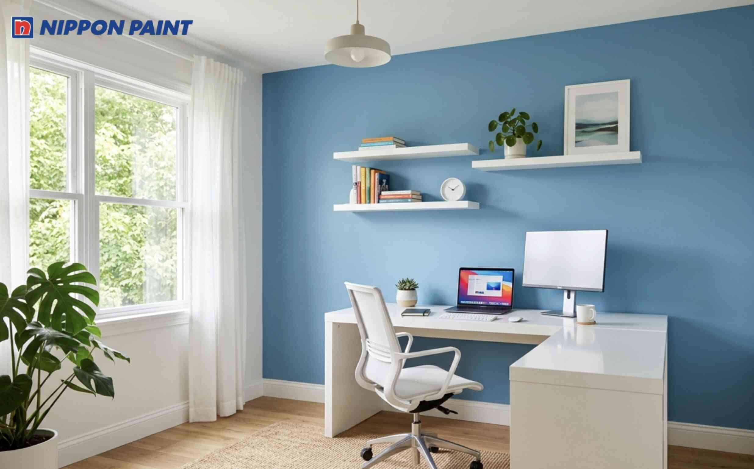 Phòng làm việc phối tường xanh thiên thanh với hệ bàn ghế trắng sáng