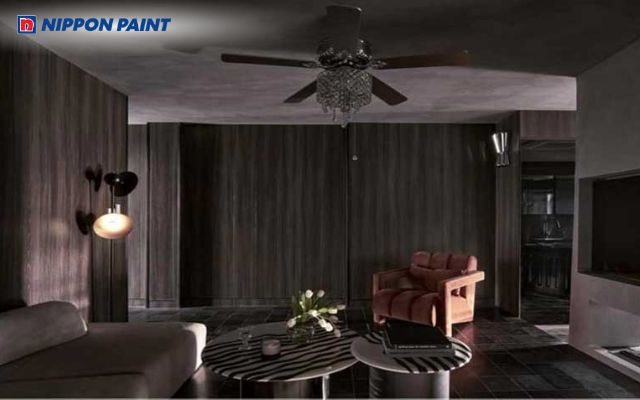 Mẫu trần bê tông đẹp với tông sơn màu đen xám tạo hiệu ứng huyền bí cho không gian