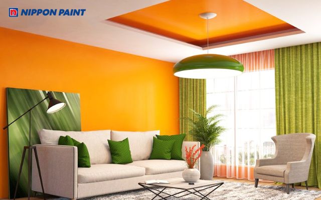 Sự kết hợp giữa màu trắng - cam tạo nên một mẫu trần bê tông độc đáo, ấn tượng