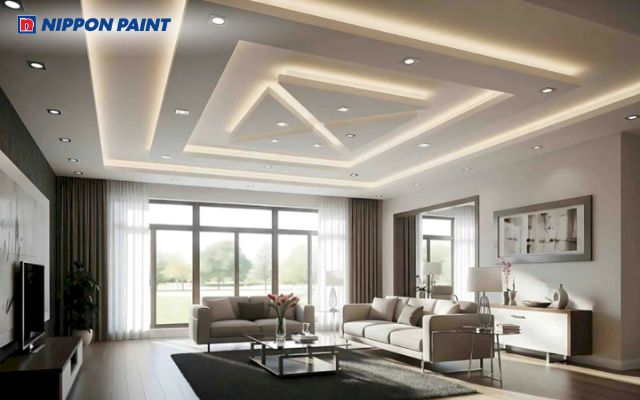 Mẫu trần bê tông đẹp, hiện đại với màu trắng tinh tế, kết hợp cùng đèn trang trí hiện đại