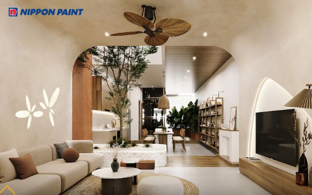 Sắc ghi trung tính trên trần bê tông mang đến vẻ đẹp thanh lịch cho phòng khách