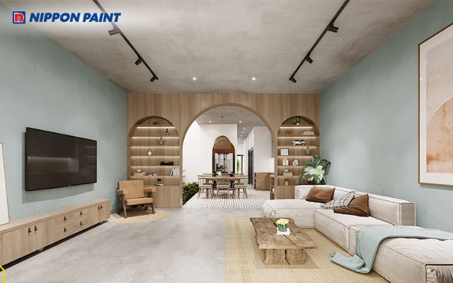 Sắc ghi sáng trên nền trần bê tông giúp tôn lên vẻ đẹp tối giản, hiện đại của phòng khách