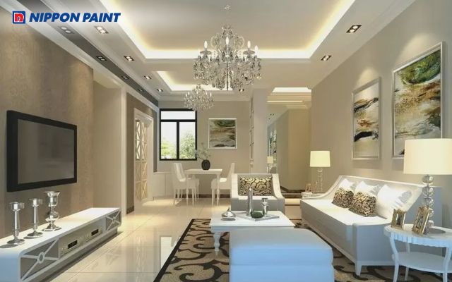 Tông màu trắng kem trên nền trần bê tông mang lại vẻ thanh lịch, nhẹ nhàng cho không gian