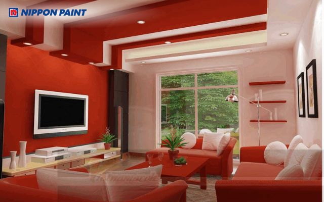 Sơn màu đỏ giúp trần bê tông nổi bật hơn, tạo điểm nhấn ấn tượng cho không gian