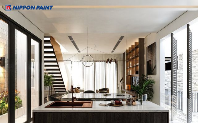 Với lớp sơn màu trắng kem của trần bê tông, không gian sống toát lên vẻ đẹp tối giản, tinh tế