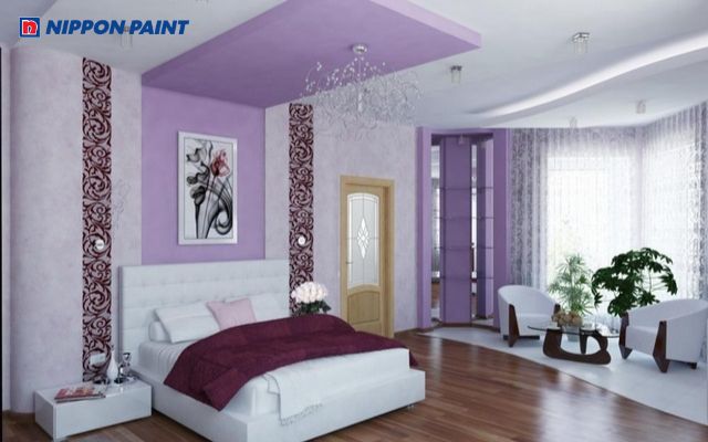 Trần bê tông phủ sơn tím - trắng mang lại vẻ đẹp hài hoà, tinh tế cho phòng ngủ