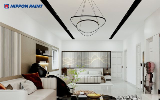 Gam màu trắng tinh khôi được sử dụng cho trần bê tông mang lại cảm giác tối giản, gọn gàng