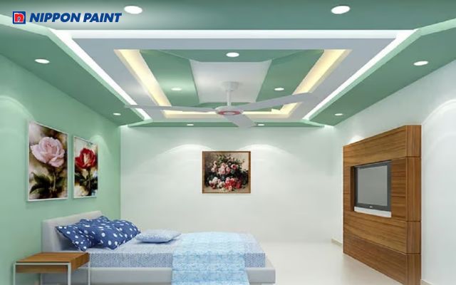 Lựa chọn tông màu xanh mát giúp tạo nên mẫu trần bê tông đẹp, cá tính, thời thượng