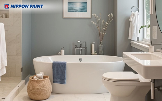 Phòng tắm nhẹ nhàng, thanh lịch với tông màu trắng xanh