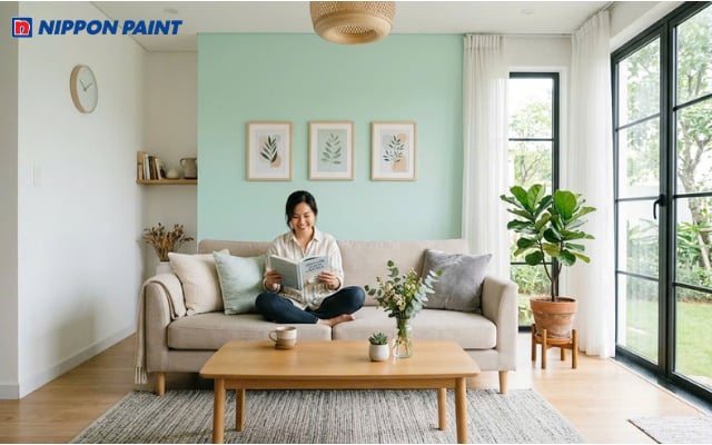 Phòng khách tươi sáng với sắc trắng ngọc trai kết hợp điểm nhấn xanh mint pastel dịu mắt