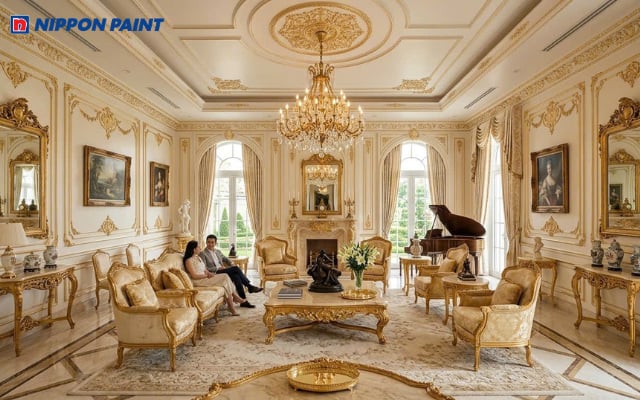 Phòng khách Tân cổ điển nổi bật với tường trắng ngọc trai và phào chỉ vàng kem sang trọng