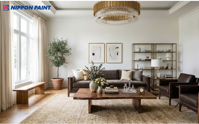 Phòng khách sang trọng với tường trắng ngọc trai kết hợp nội thất gỗ nâu trầm tinh tế