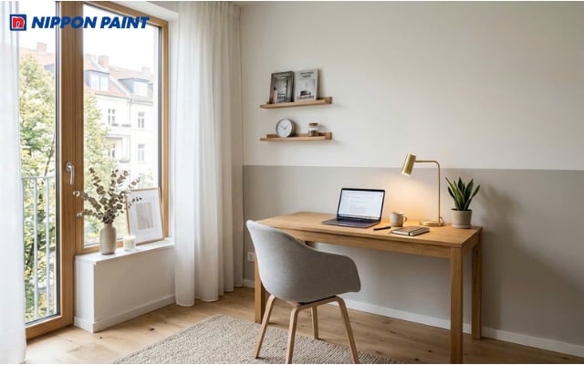 Phòng làm việc phong cách Scandinavian thanh lịch với mảng sơn tường phối xám nhạt và trắng ngọc trai