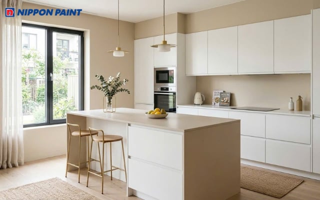 Phòng bếp hiện đại nổi bật với sự kết hợp hài hòa giữa trắng ngọc trai và be kem
