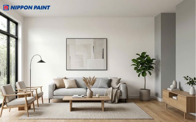 Phòng khách hiện đại với tường sơn trắng ngọc trai kết hợp điểm nhấn xám nhạt thanh lịch