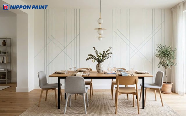 Sự kết hợp giữa trắng ngọc trai và đường line xanh pastel mang đến vẻ đẹp trang nhã cho phòng ăn