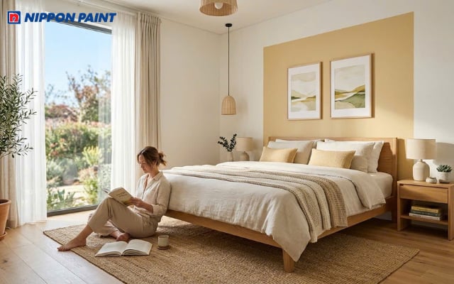 Sự kết hợp giữa trắng ngọc trai và vàng kem mang đến cảm giác ấm áp, dễ chịu cho phòng ngủ