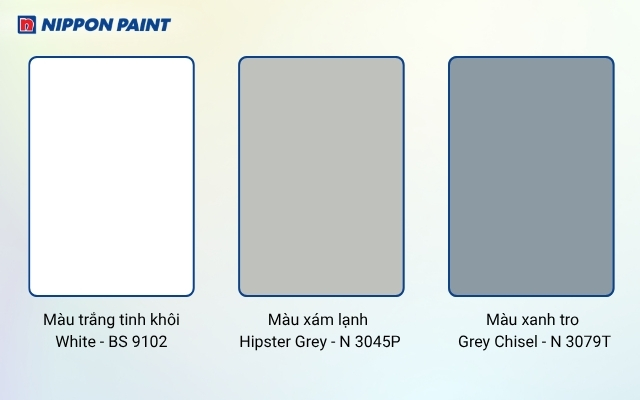 Gam màu trung tính lạnh phổ biến bao gồm trắng tinh, xám lạnh, xám xanh, xám tro
