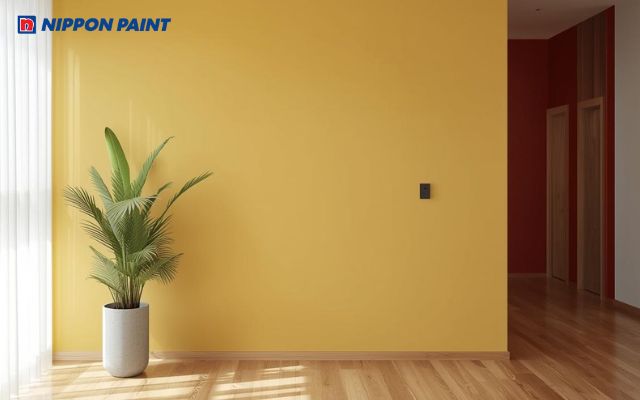 Vàng kết hợp với đỏ tạo điểm nhấn mạnh mẽ, nổi bật cho không gian sống