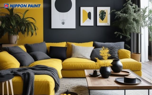Sơn vàng kết hợp với đen mang đến diện mạo cá tính, mạnh mẽ cho phòng khách