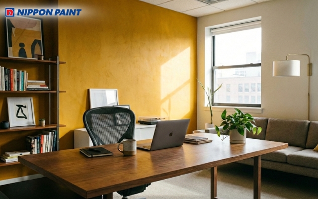 Tường màu vàng đất phía sau bàn làm việc giúp tăng cường sự tập trung