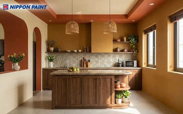 Phối màu vàng đất với gam màu ấm giúp tạo cho không gian cảm giác sum vầy