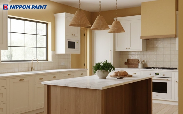 Màu vàng đất và tủ bếp trắng tạo sự tươi sáng và sạch sẽ cho gian bếp của bạn