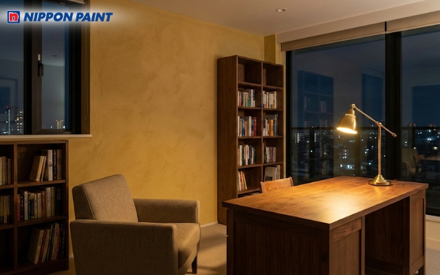 Tường vàng đất đi cùng nội thất gỗ óc chó và đèn vàng tạo sự lịch lãm và tri thức