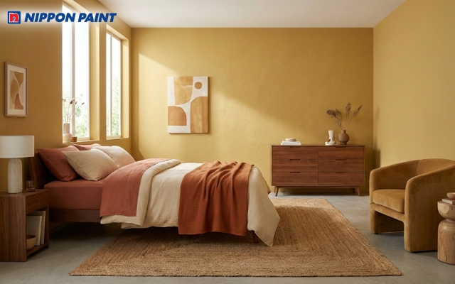 Phối màu vàng đất với màu tương cận giúp không gian có chiều sâu