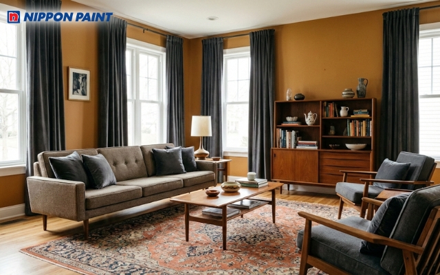 Sơn tông vàng đất cho tường,cùng nội thất màu xám ghi tạo sự cân bằng và tinh tế