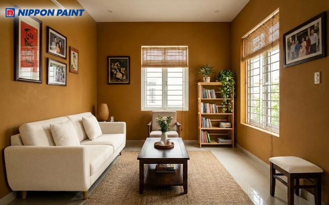 Màu vàng đất phối với màu trung tính tạo ra một không gian cân bằng, thoáng đãng