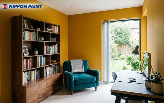 Tường vàng đất với kệ sách và ghế xanh cổ vịt sẽ truyền cảm hứng sáng tạo cho bạn